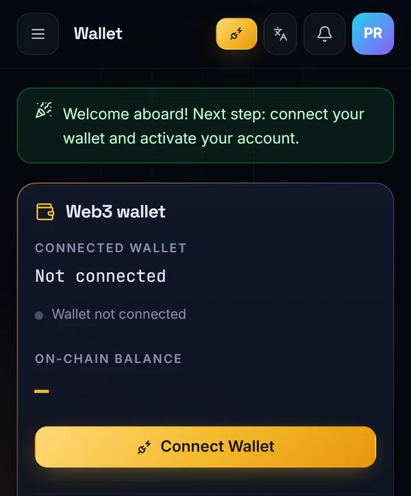 BNB Machine Wallet page after sign-up with the Connect Wallet button