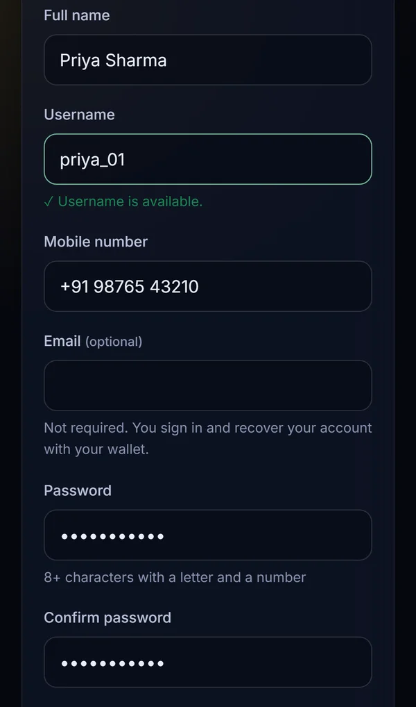 BNB Machine registration form with full name, username, mobile number, optional email and password