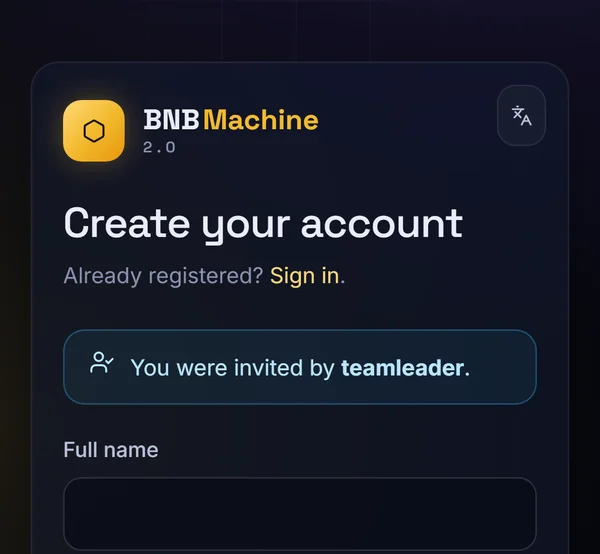BNB Machine registration page showing You were invited by your sponsor