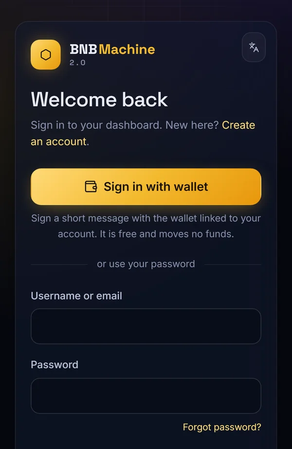 BNB Machine login page with the Sign in with wallet button