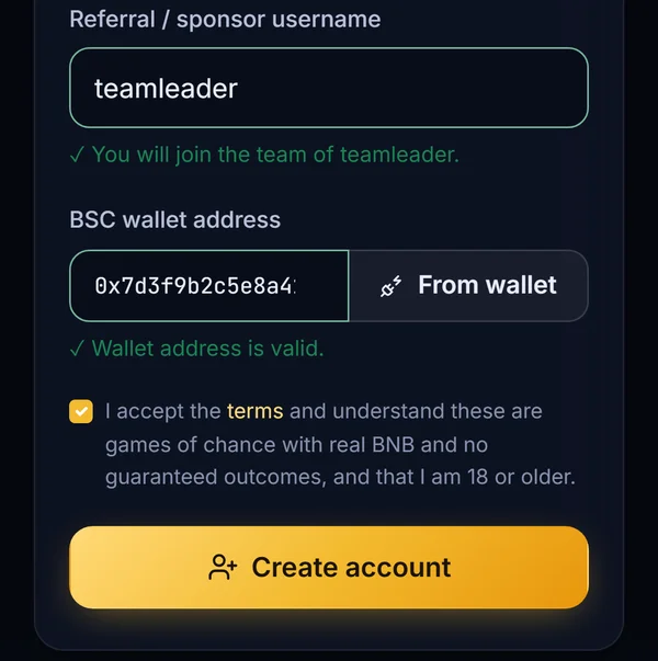 BNB Machine sign-up: sponsor username filled in, wallet address added with From wallet, terms accepted and Create account button