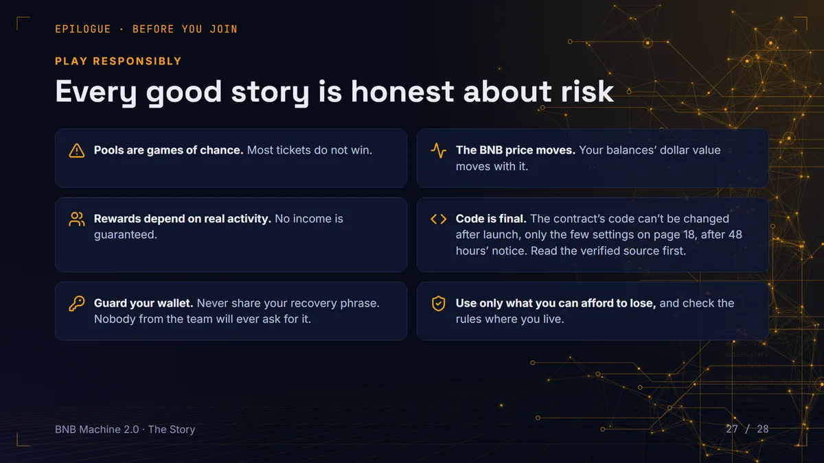 BNB Machine risks: games of chance, BNB price moves, rewards depend on activity, code is final, guard your wallet